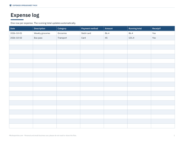 Preview of Printable Expense Log Sheet
