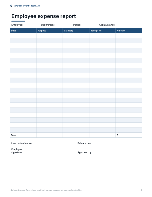 Preview of Employee Expense Report Form